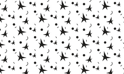 Naklejka premium Hand drawn simple sprinkle seamless pattern with black confetti and stars isolated with white background. vector Illustration for holiday, party, birthday, invitation.