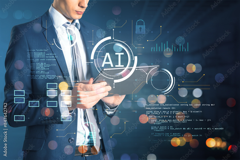 Poster Close up of male hands using tablet with glowing blurry ai hologram with binary coding on blurry background. Artificial intelligence, technology and programming concept.