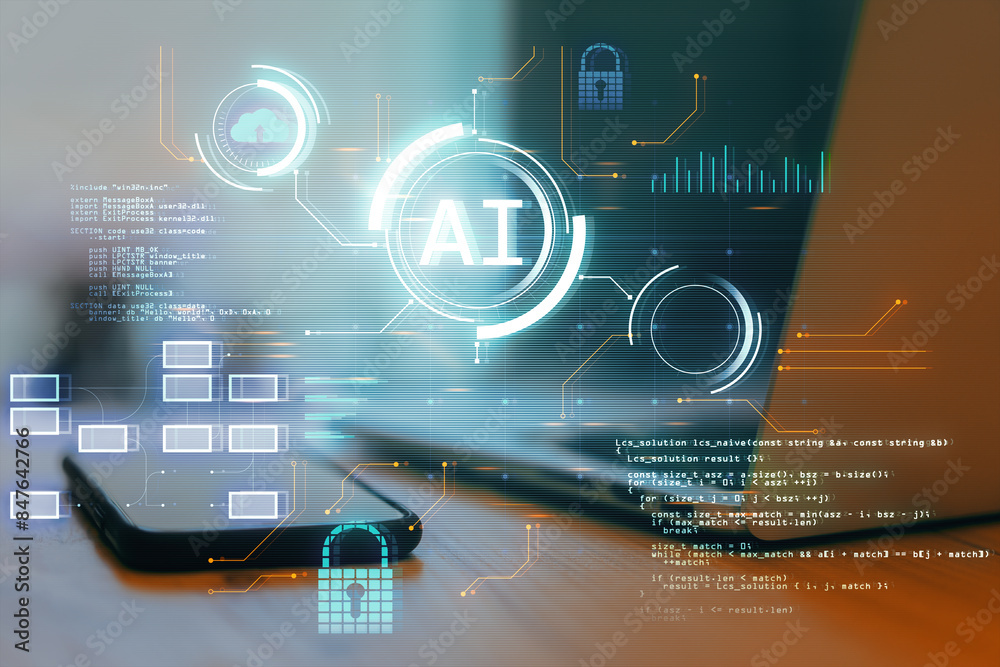 Poster Close up of office desktop with laptop, smartphone and glowing ai hologram with binary coding on blurry background. Artificial intelligence, technology and programming concept. Double exposure.