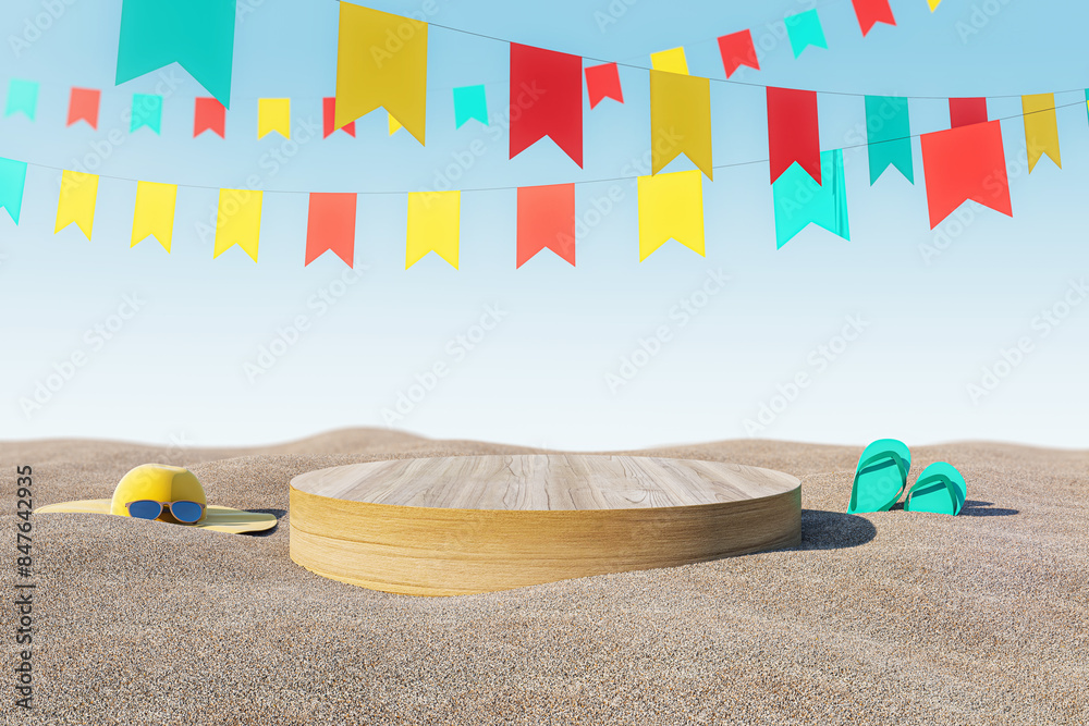 Poster creative beach image with wooden mock up pedestal, various objects, sand and blue sky. summer and ho