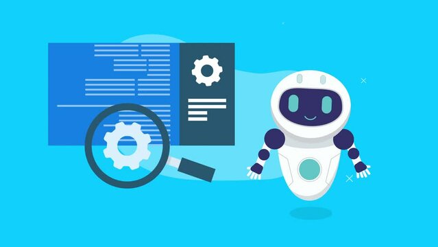 animation of smiling robot stands against a light blue background. To its left, there is a magnifying glass and a blue screen displaying code and a gear icon
