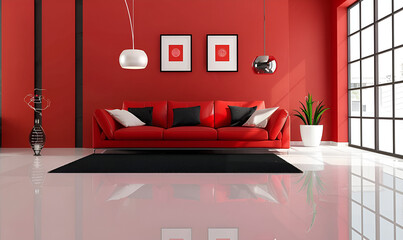 "Modern Living Room with Red Sofa and Blank Poster Frame" modern living room with red sofa. minimalist design living room with red wall and red sofa realistic.