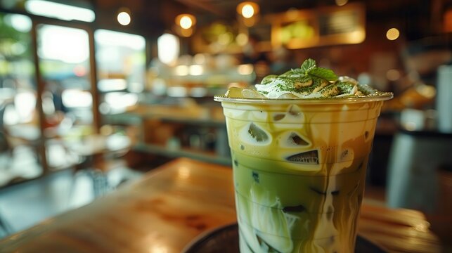  an iced matcha latte with a swirl of milk, detailed textures, modern and trendy cafe setting