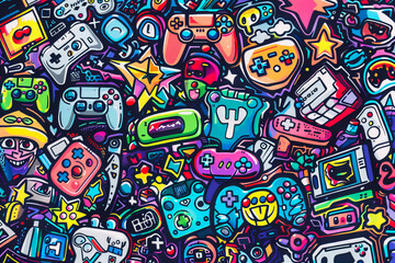 Obraz premium Video Games Doodle. Generated image. A digital illustration of a doodle of many video game items.