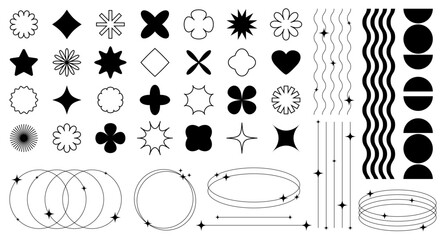 Set of abstract retro futuristic elements and shapes and aesthetic line frames boho, brutalism, Y2K style.Geometric elements with sparkles for template social media, poster, banner, logo, stickers