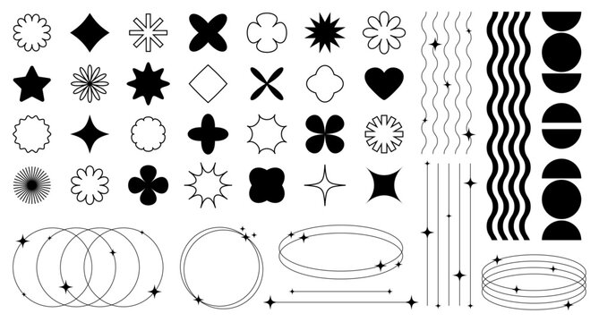 Set of abstract retro futuristic elements and shapes and aesthetic line frames boho, brutalism, Y2K style.Geometric elements with sparkles for template social media, poster, banner, logo, stickers