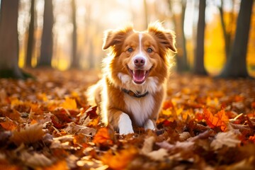 Dog playing in autumn leaves in a park