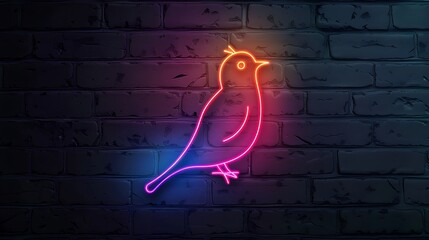 Domestic bird icon with glowing neon colorful lighting on black brick wall