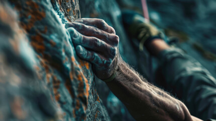 Brave climber, close-up. A strong athletic man is climbing a stone wall, leaning on his hands. The concept of adventure and determination