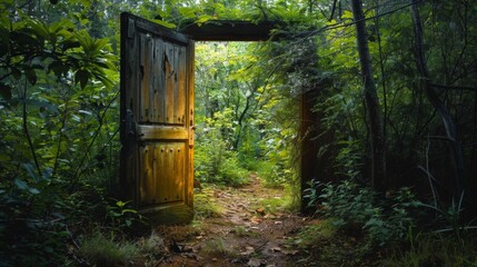 Door in the forest. Background illustration generated by ai
