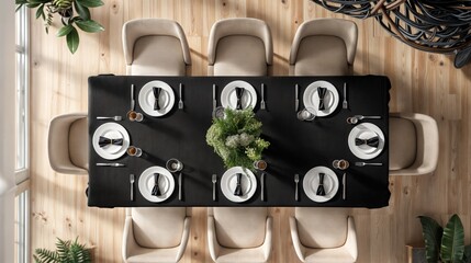 A top-down view of a formal dinner table setting with a black tablecloth, white plates, and black napkins tied with a bow. The table is set for eight people, with a green plant centerpiece