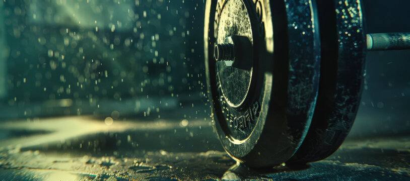 Weightlifting, close-up. A very heavy barbell is lying on the floor in a dark gym. A sports concept