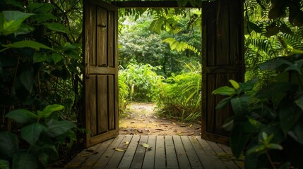 Door in the forest. Background illustration generated by ai