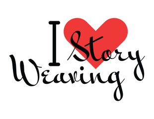 I love Story Weaving creative slogan. Hand drawn letters with red heart. Vector illustration, lettering in modern design
