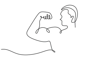 Fototapeta premium Man shows bicep fist hand continuous line drawing. Fitness and gym concept.