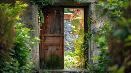 Door in the forest. Background illustration generated by ai