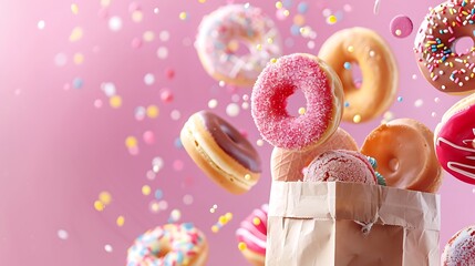 Donuts cookies macaroons and other sweets falling in paper bag isolated on colorful background