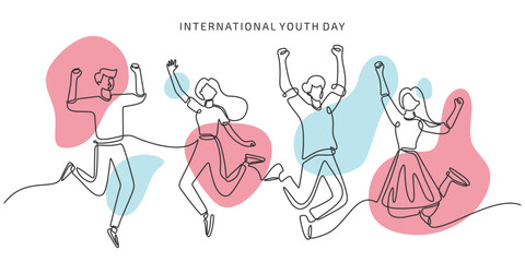 Young people jumping continuous line drawing. International youth day concept.