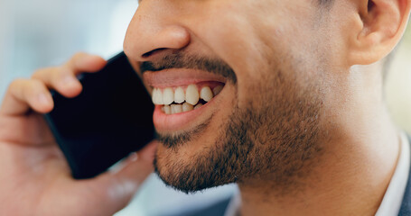 Businessman, mouth and phone call for conversation with communication and networking in office....