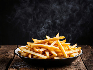 French fries in a white plate are on a wooden table