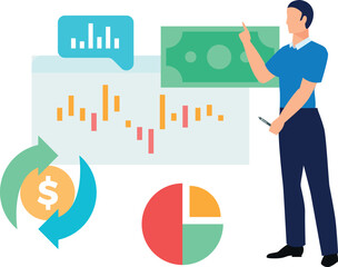 A boy is pointing at the pie graph.