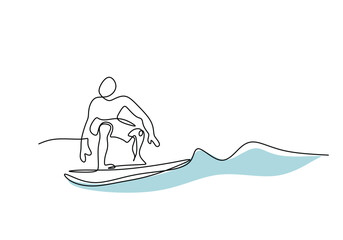 Man playing surfboard on beach continuous line drawing. Sport and adventure concept.