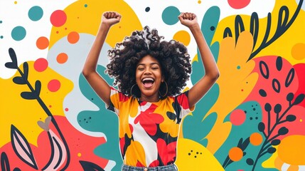 A young woman with a big smile and her arms raised in the air stands before a bright and colorful abstract background
