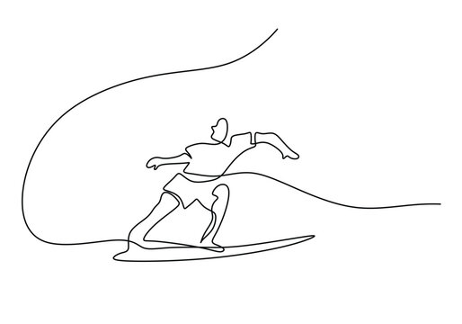 recommend clip art: Man playing surfboard on beach continuous line drawing. Sport and adventure concept.