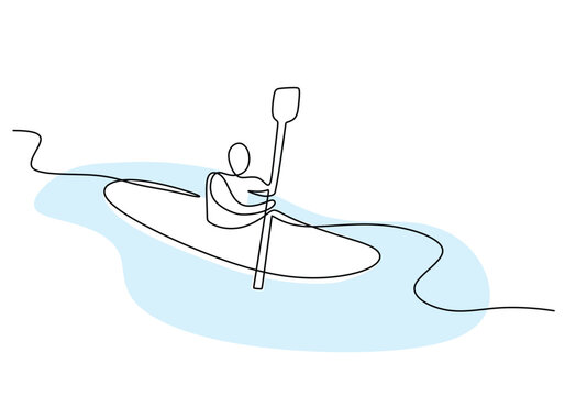 recommend clip art: Man do kayaking sport with boat continuous line drawing.