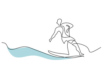 Man playing surfboard on beach continuous line drawing. Sport and adventure concept.