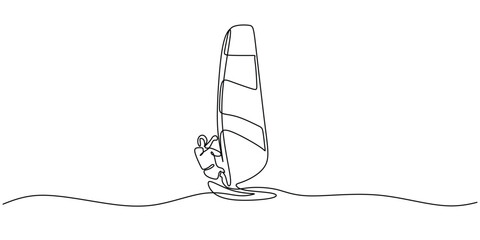 Man do sailing sport with boat continuous line drawing. Athletic adventure sport concept.