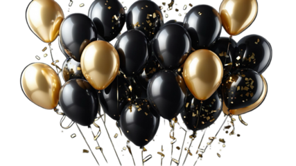 Good chrome and black balloon with confetti, a bunch of balloons on transparent background. Ballon for wedding, holiday.