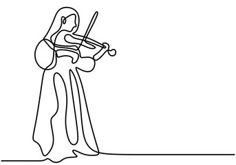 Beautiful woman play violin continuous line drawing. Music orchestra concept.
