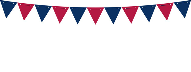Fototapeta premium Triangle bunting flags banner template on empty white background. Blue red colors. America 4th of July Memorial or Independence day theme wallpaper.