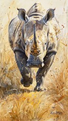 Obraz premium Watercolor rhinoceros walking majestically on the golden grass, animal world, simple HD wallpaper, background, generated by AI.