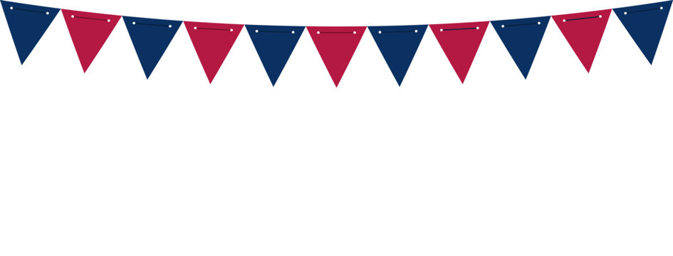 Triangle bunting flags banner template on empty white background. Blue red colors. America 4th of July Memorial or Independence day theme wallpaper.