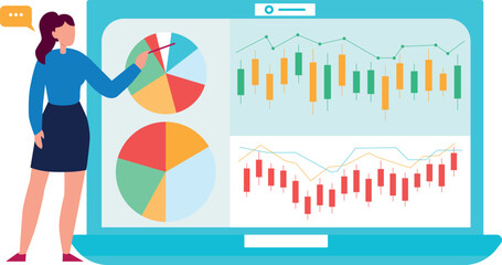 Girl is pointing at finance chart graph.