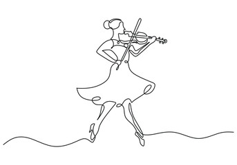 Beautiful woman play violin continuous line drawing. Music orchestra concept.