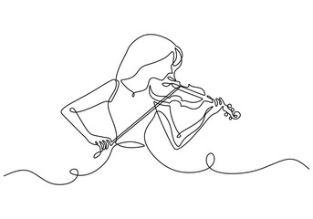 Beautiful woman play violin continuous line drawing. Music orchestra concept. © berkahlineart