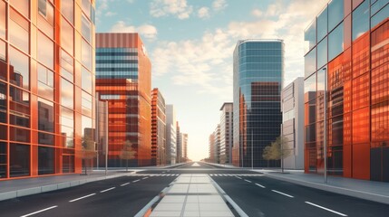 Obraz premium Futuristic cityscape with rows of sleek buildings under an orange-toned sky, rendered in 3D style. AI generative