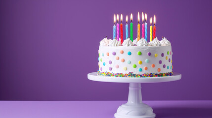 A white birthday cake with colorful candles against a purple background, copy space concept for a Happy Birthday celebration banner template design. A white birthday cake decorated 