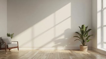 Fototapeta premium Minimalistic Modern Interior with Clean Empty Wall, Perfect Mockup for Art or Paintings, Bright and Elegant Interior Design.