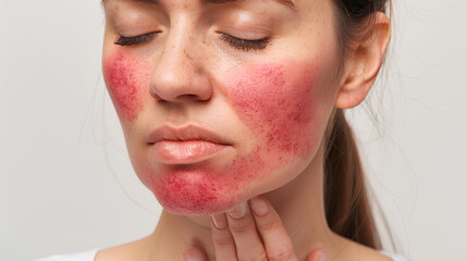 Portrait of a young girl with problematic skin on a white background.