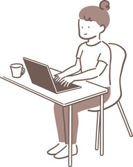 ノートパソコンを使っている正しい姿勢の女性の全身イラスト素材