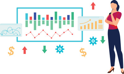 The girl is thinking about the rise in the candlestick graph.