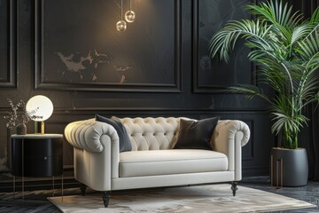 Obraz premium Modern interior design featuring upholstered furniture against classic wall.