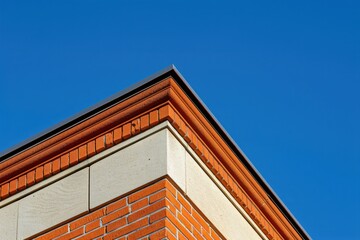 Red brick building on blue sky background, business center