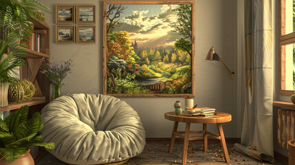 A cozy office with a cushioned chair, wooden table, and a serene landscape painting,