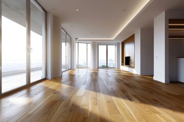 Empty living room with hardwood floor in modern apartment