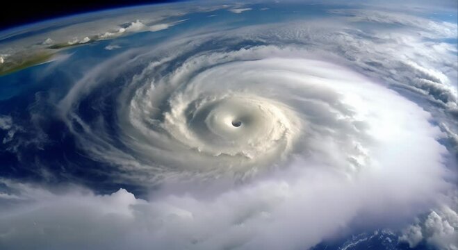 View from space, a huge cyclone is rotating on Earth.